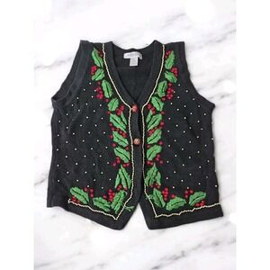 Arriviste Holiday Holly Embroidered Sweater Vest Women's Sz L Please Read Descr.